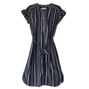 LOFT Navy Blue and White Striped Tie Waist Midi Dress Size Large